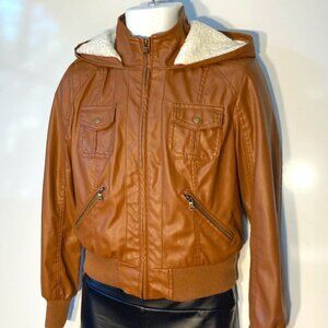 New Look SZL Brown Faux Leather Bomber Jacket Wardrobe Staple Moto Aviator Retro